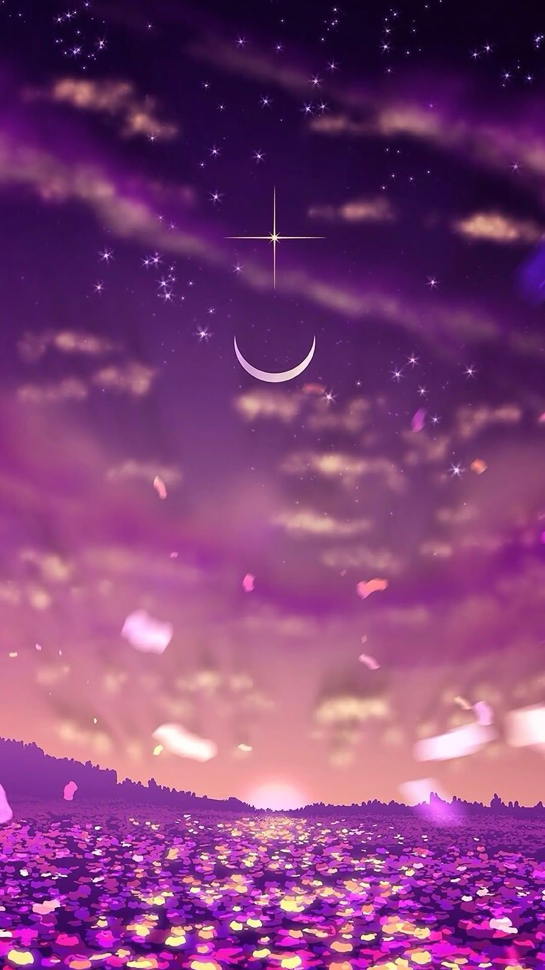A Field Of Flowers Shining In A Moonlit Night Iphone Wallpapers