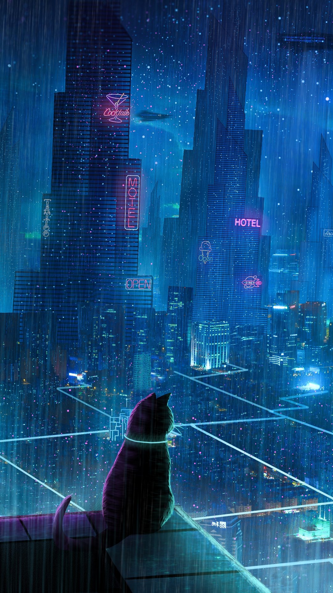 A Cat Looking Down At The City On A Rainy Night Iphone Wallpapers