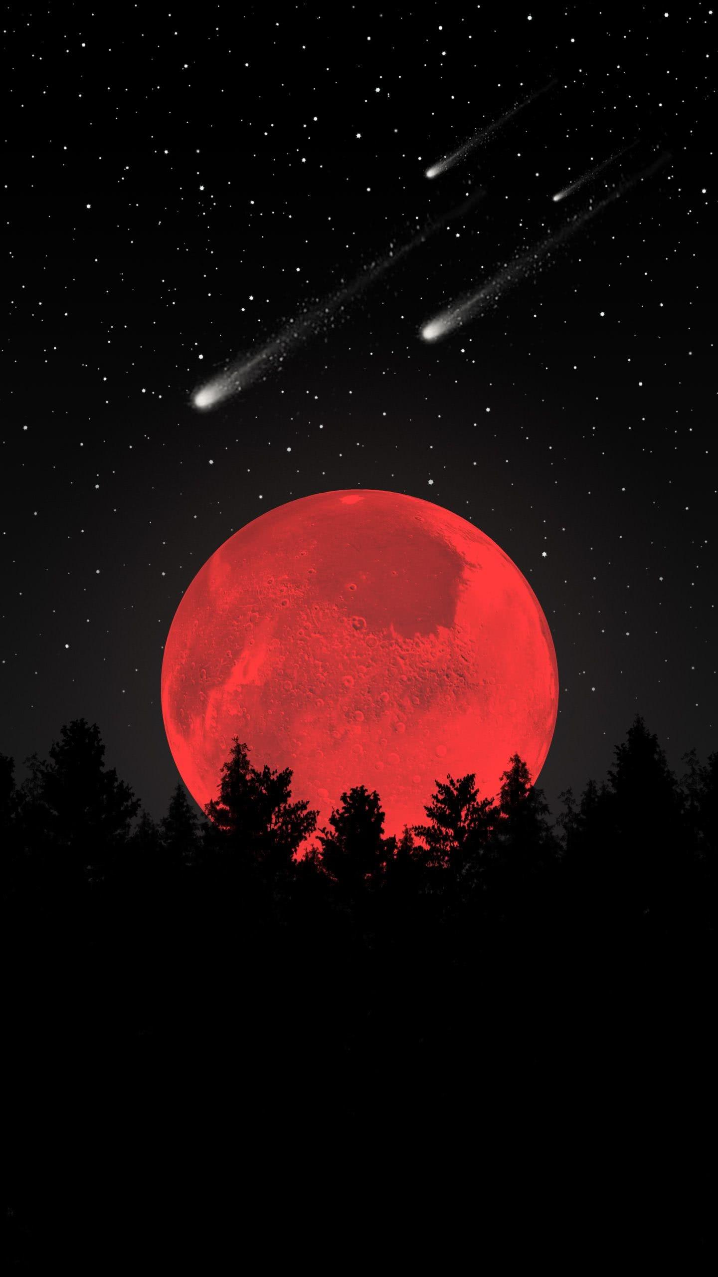 赤い月と流れ星 Iphone Wallpapers